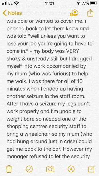 Screenshot of messages from an anonymous woman who used to work at LUSH detailing some of her unpleasant and abusive experiences by colleagues due to her disability.