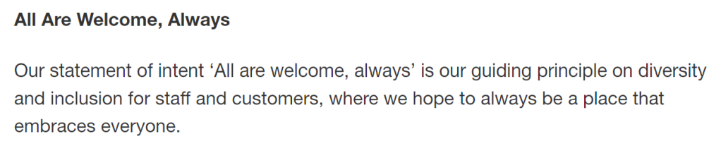 Screenshot of a message from LUSH saying that All Are Welcome, Always.